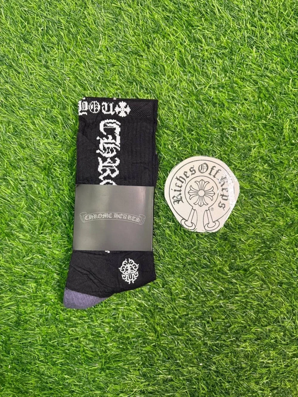 Chrome Hearts Black Crew Socks with White Logo and Purple Toe